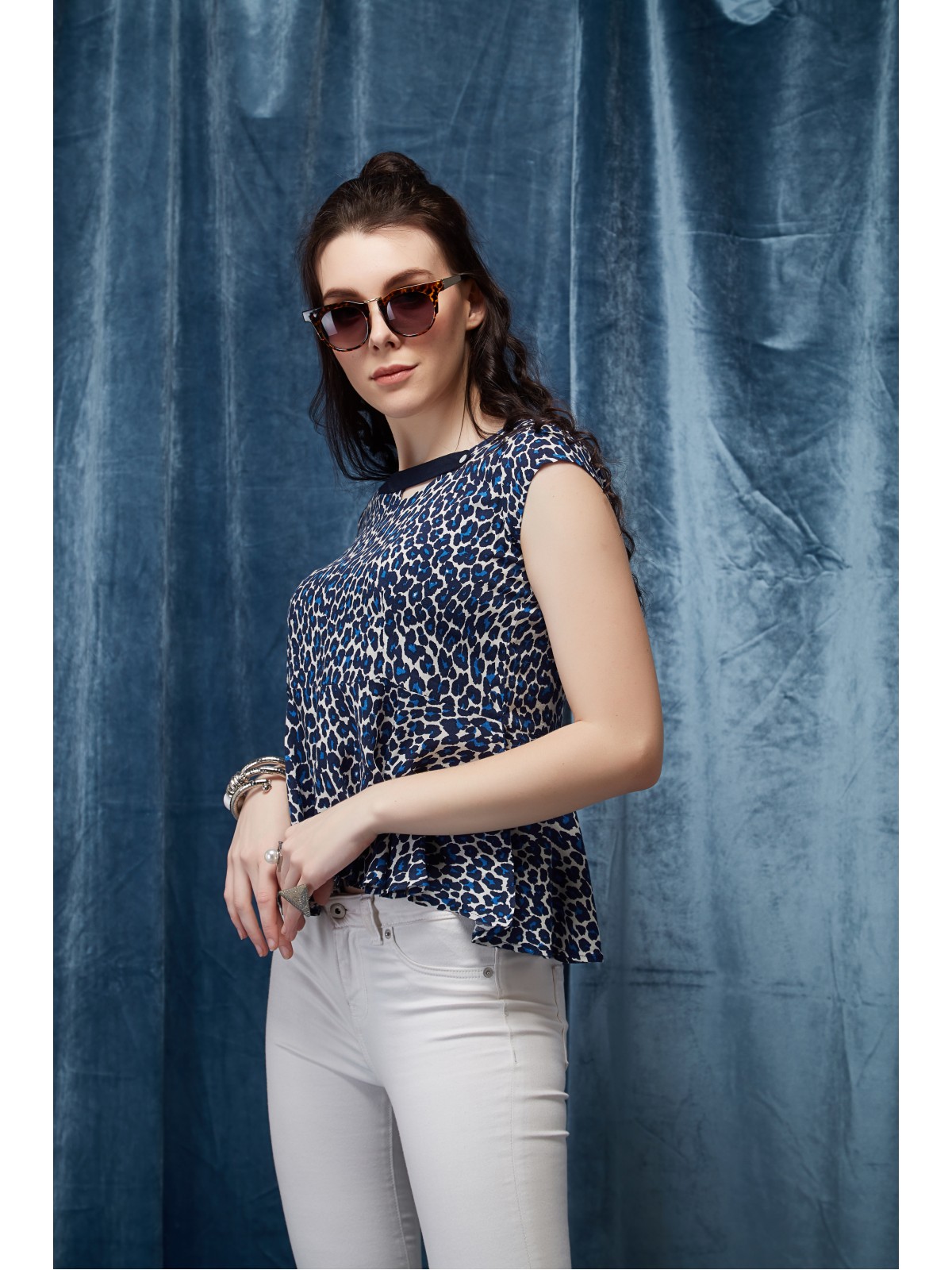 Attract Blue Animal Print Sleeve Top 